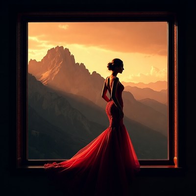 Woman in dress by mountain window