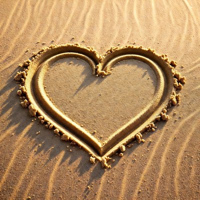 Heart shape drawn in sand on beach