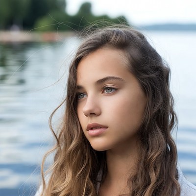Girl by the lake at sunset
