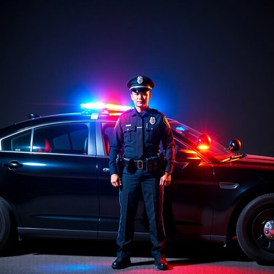 Police officer stands by patrol car