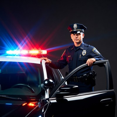 Police officer stands by car