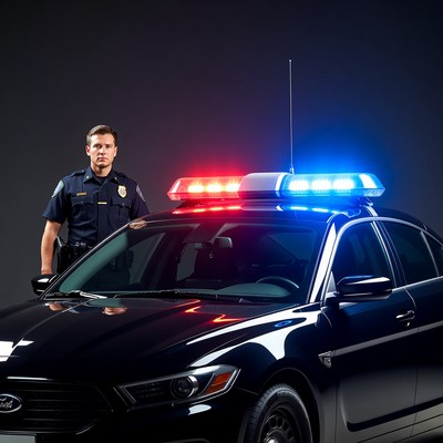 Officer stands beside police car