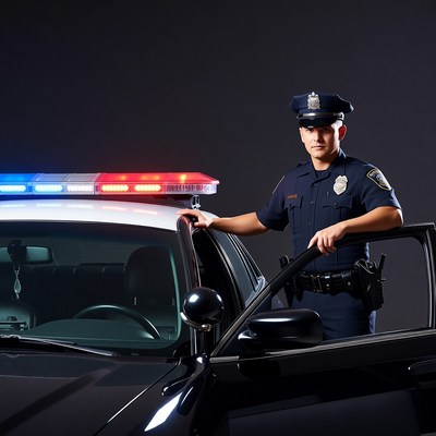 Police officer with patrol car at night