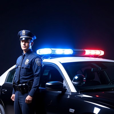 Police officer stands by patrol car