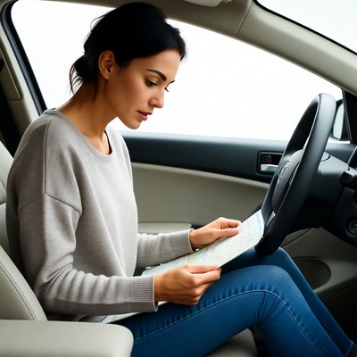 Woman reading map in car