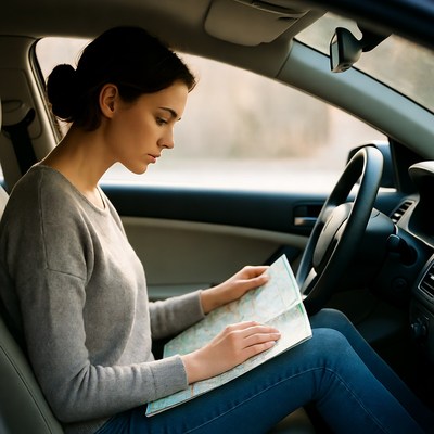 Woman reading map in car