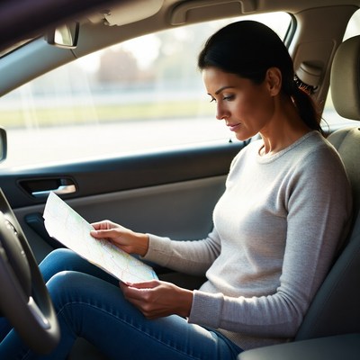 Woman reading a map in a car