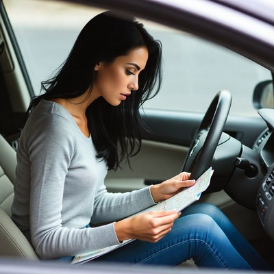 Woman reading map in car