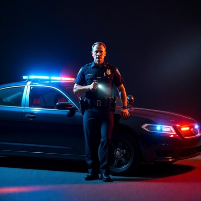 Officer stands near patrol car at night