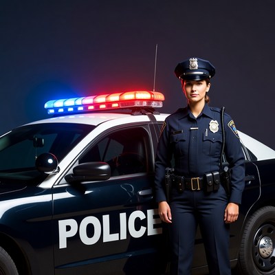 Police officer stands by patrol car