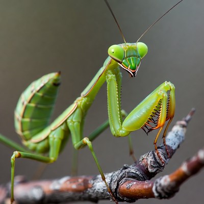 Green mantis on branch observing surroundings