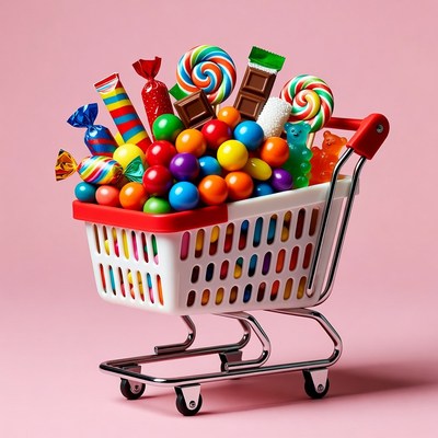 Colorful candy in shopping cart