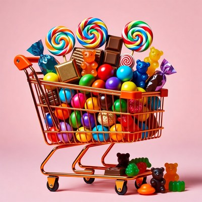 Colorful candy in shopping cart