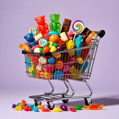 Colorful candy shopping cart filled with sweets
