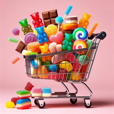 Colorful candy cart filled with sweets