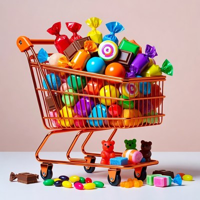 Colorful candy in shopping cart