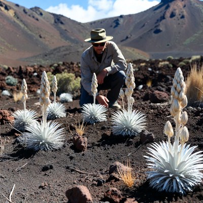 Man observes unique plants in rocky area