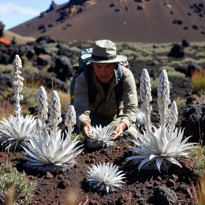 Man studies plants on volcanic soil