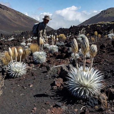 Hiker among unique plants in hawaii
