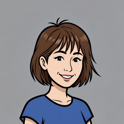 Character with short brown hair smiling