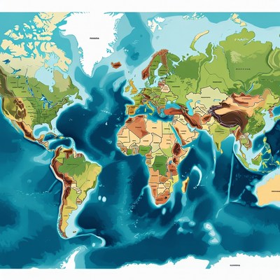 World map with terrain features and oceans