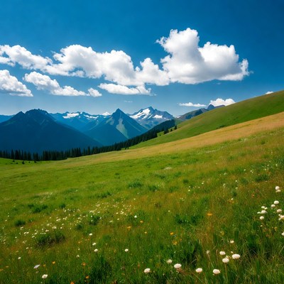 Mountains and meadow under blue sky