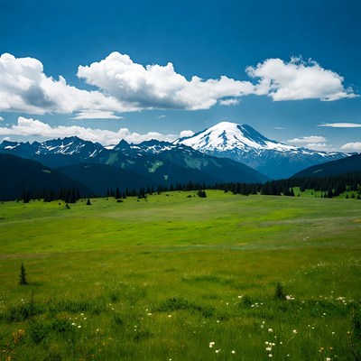 Scenic mountain view with green meadow