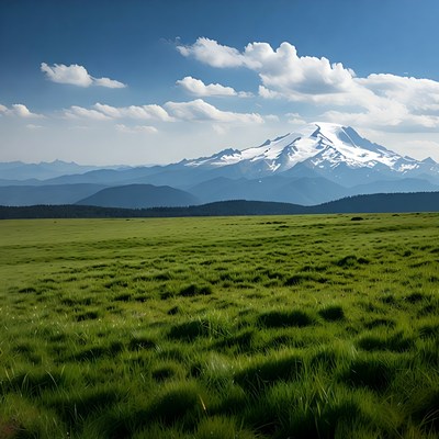 Snowy mountains over green field