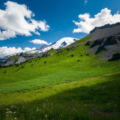 Mountain view with green meadow