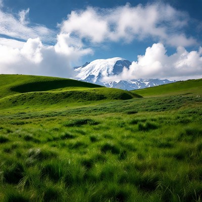 Snowy mountain with green hills