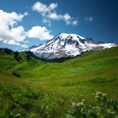 Snowy mountain with green fields