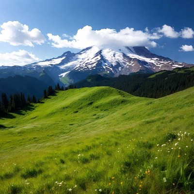 Snowy mountain with green hills