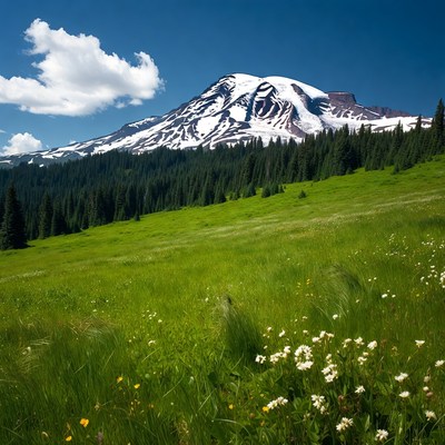 Snowy mountain above green field