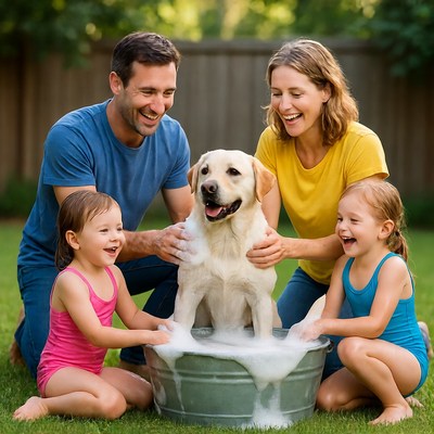 Family bath time with a dog