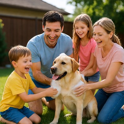 Family enjoys time with dog in backyard