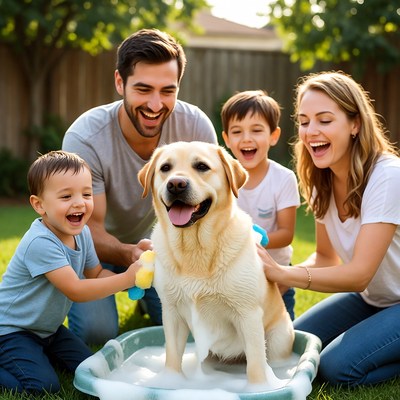 Family enjoying time washing dog in backyard