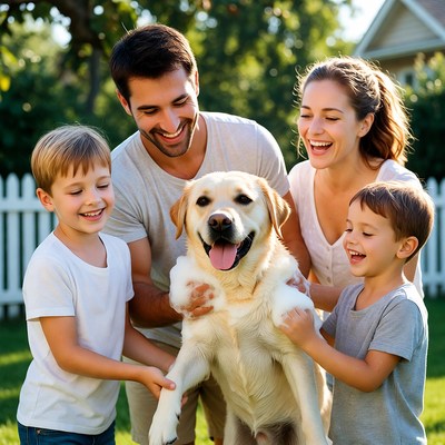 Family enjoys time with dog outside