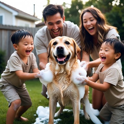 Family bath time with dog outside