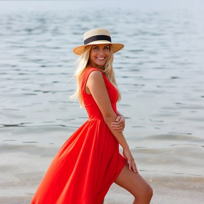 Woman in red dress at beach