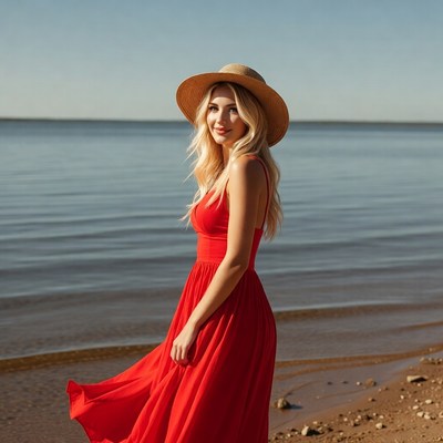 Woman in red dress by the ocean