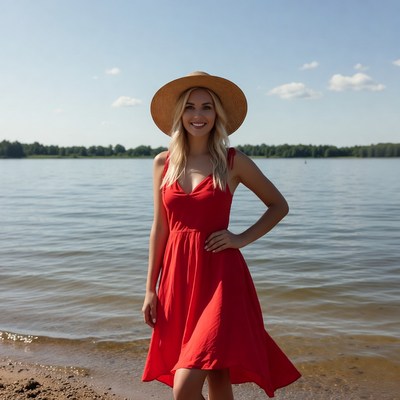 Woman in red dress by lake