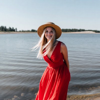 Woman in red dress by water