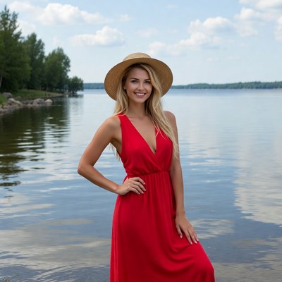 Woman by lake wearing hat
