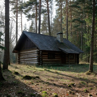 Log cabin in forest setting