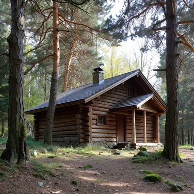 Log cabin in forest clearing