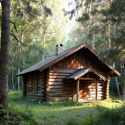 Log cabin in a forest setting