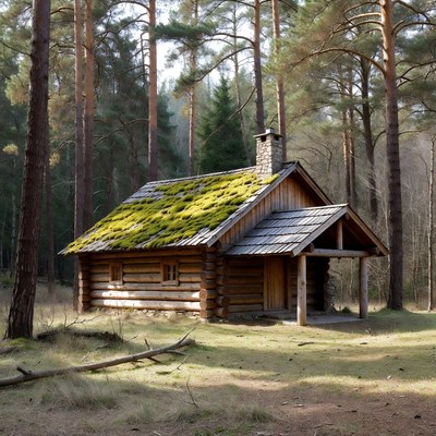 Cabin in the forest with moss