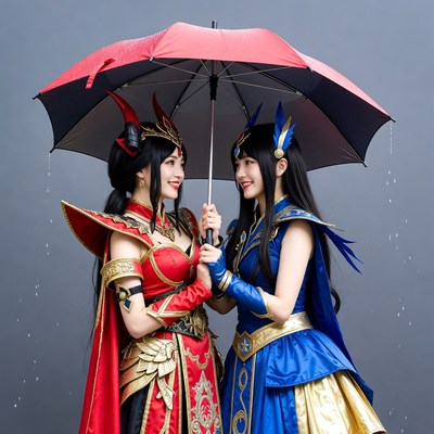 Cosplayers share umbrella at event