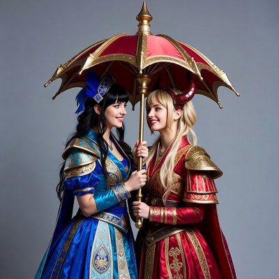 Characters in costumes under umbrella