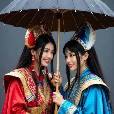 Women in traditional clothing under umbrella